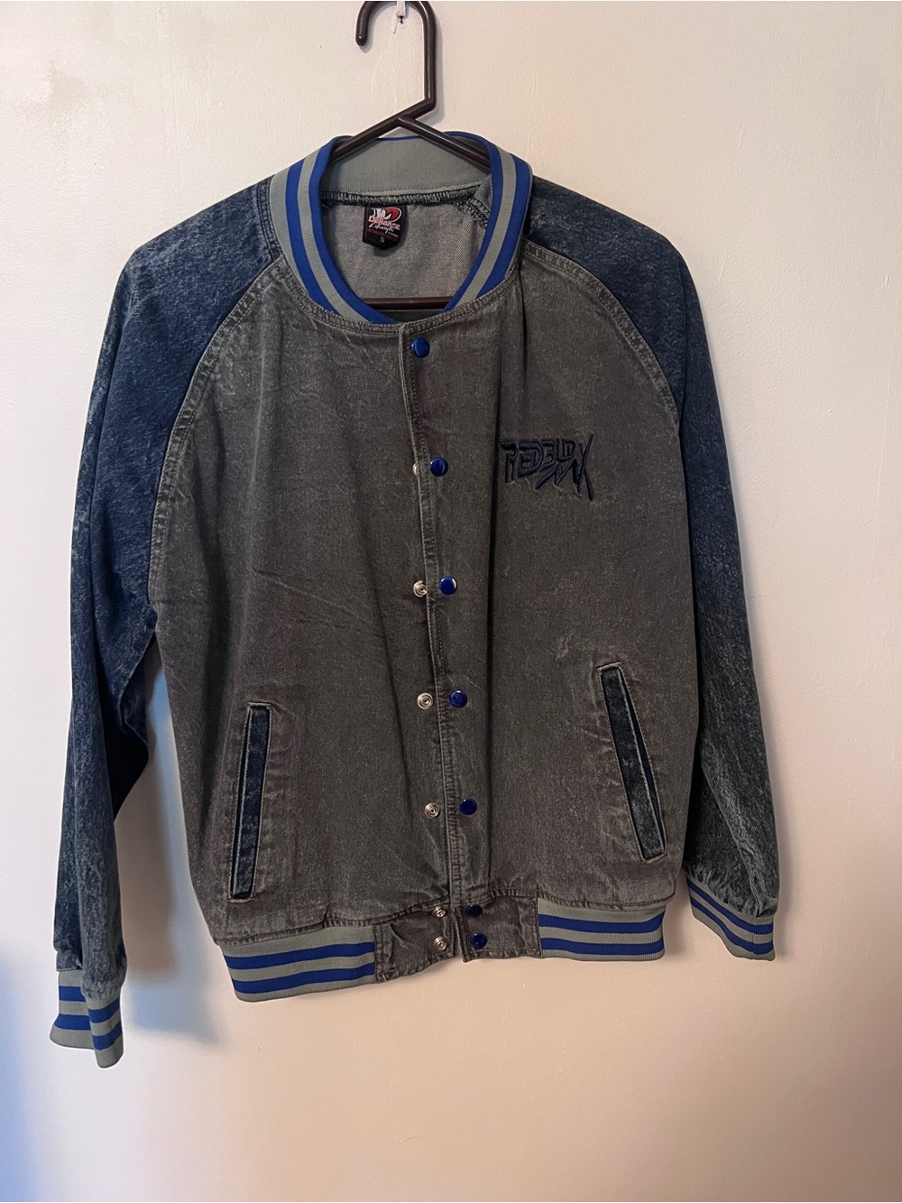 Redbud MX Vintage Gray & Navy Varsity Jacket with Blue Trim